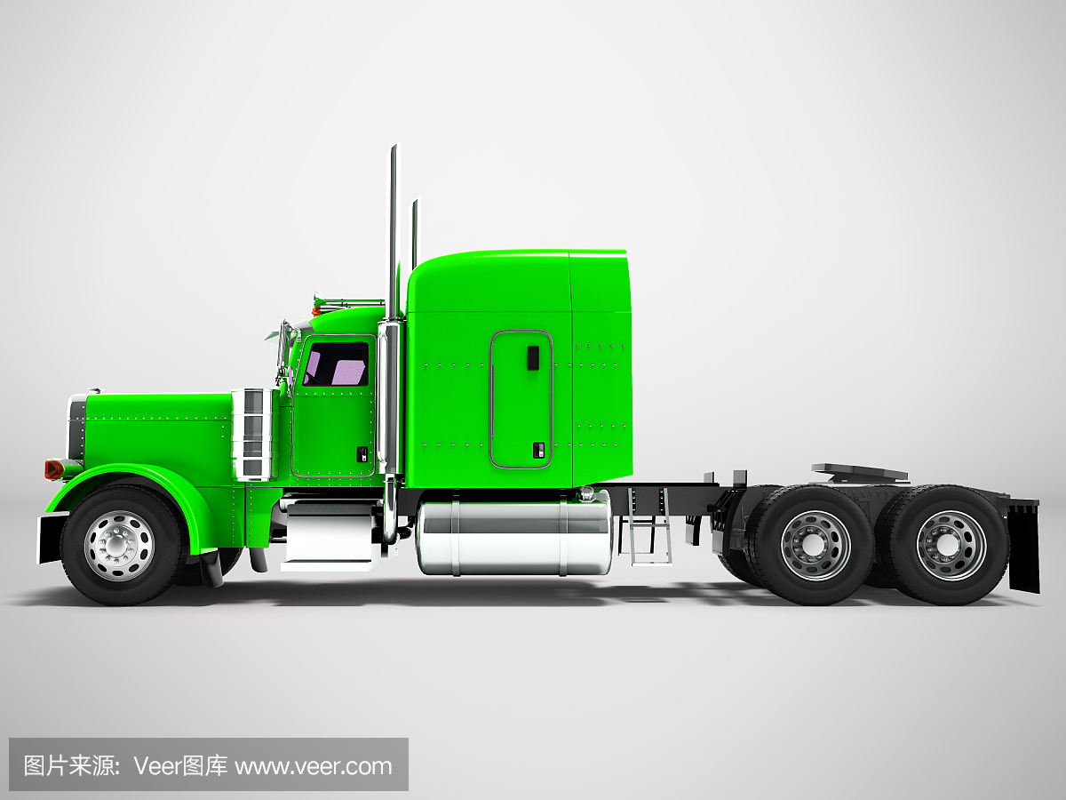 现代卡车拖拉机货物三轴无拖车绿色边3d渲染在灰色背景与阴影
